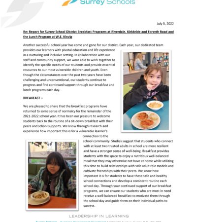 Report for Surrey School District Breakfast Programs at Riverdale, Kirkbride and Forsyth Road and the Lunch Program at W.E. Kinvig